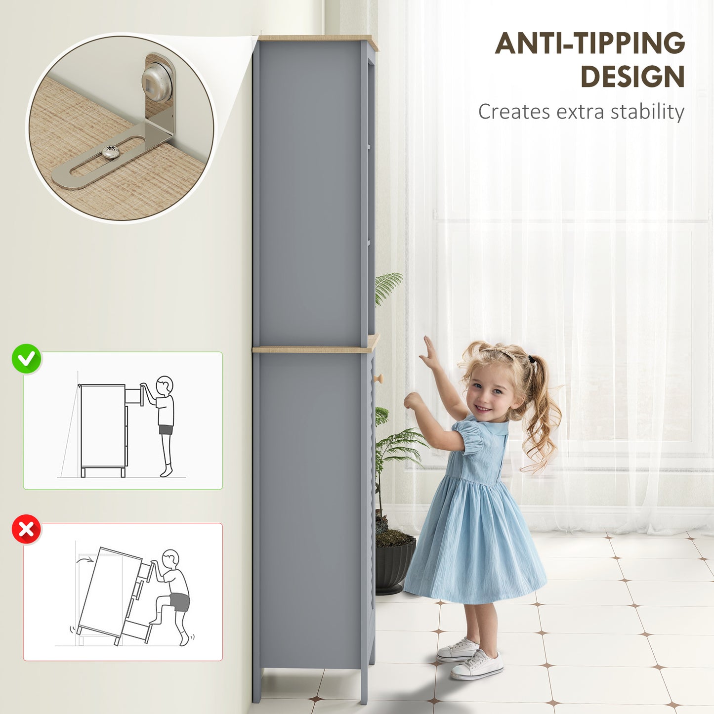 Pahafi Tall Bathroom Linen Storage Cabinet With Shelves And Cupboard Door In Grey