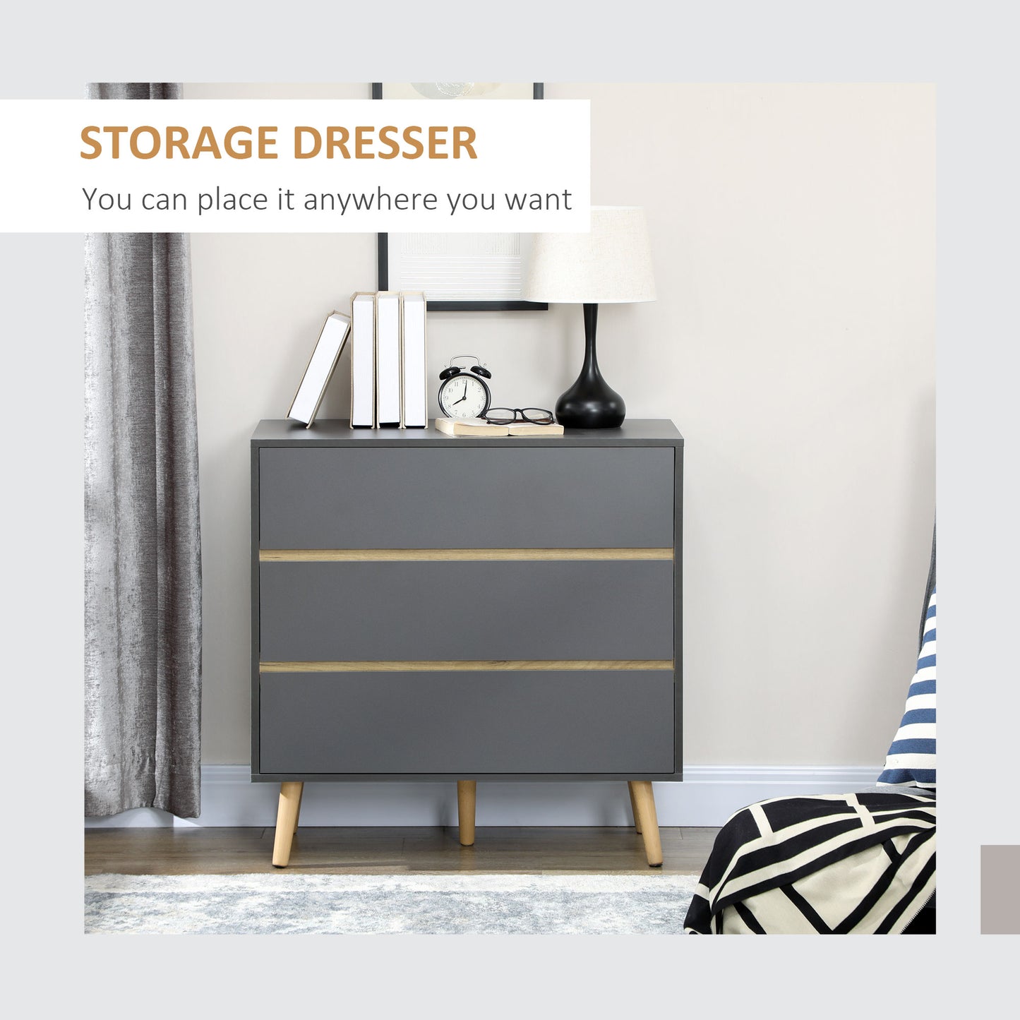 Vetasu Natural and Grey 3 Drawer Storage Chest with Wooden Angled Legs