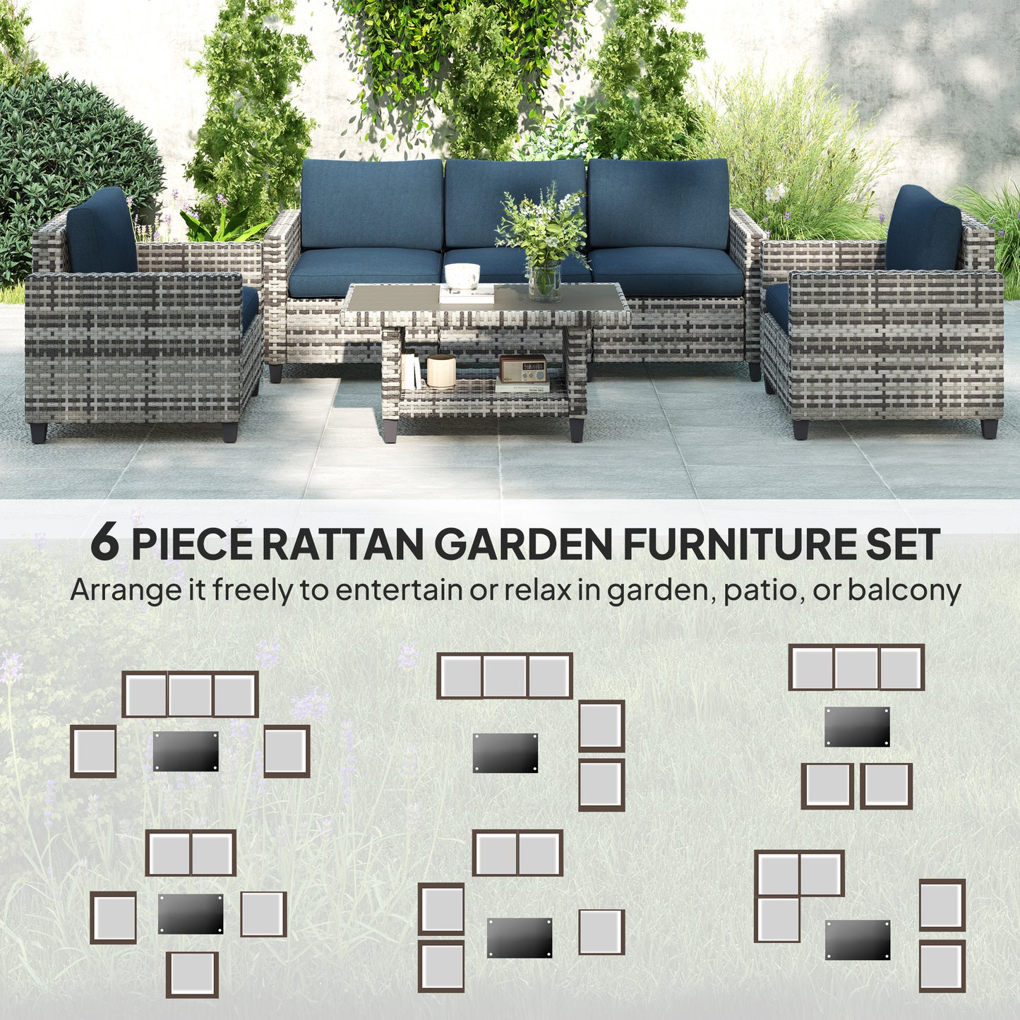 Sacoel Navy Blue and Grey Rattan 5 Seater Outdoor Sofa Set