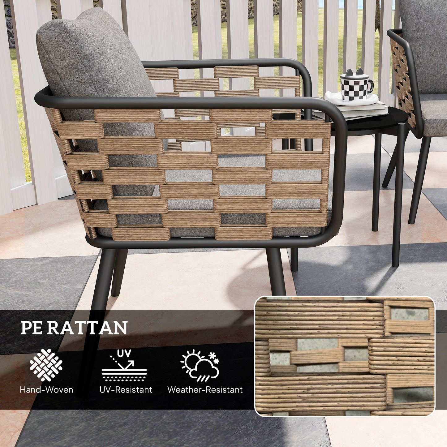 Lomi Natural Rattan 3 Piece Bistro Set with Round Glass Coffee Table