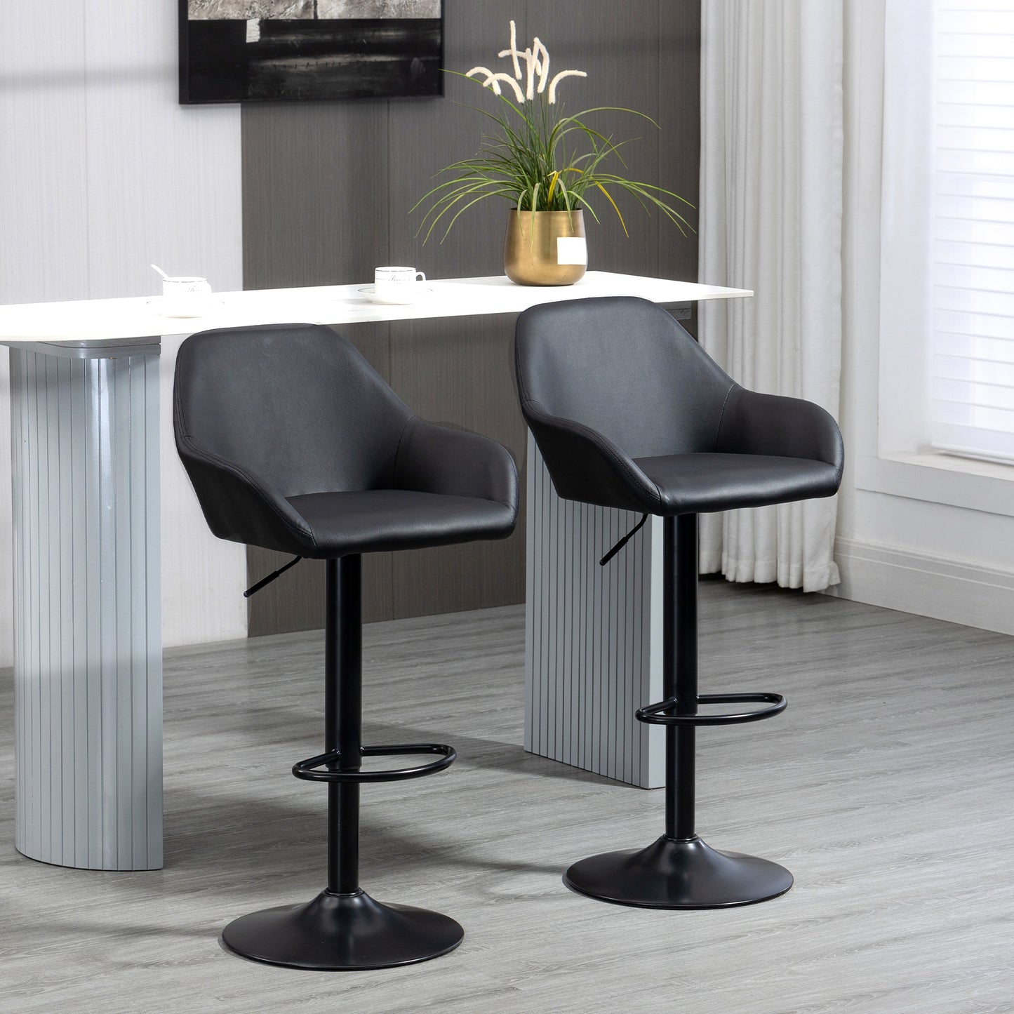 Falani Set Of 2 Black Faux Leather Adjustable Bar Chairs With Armrests