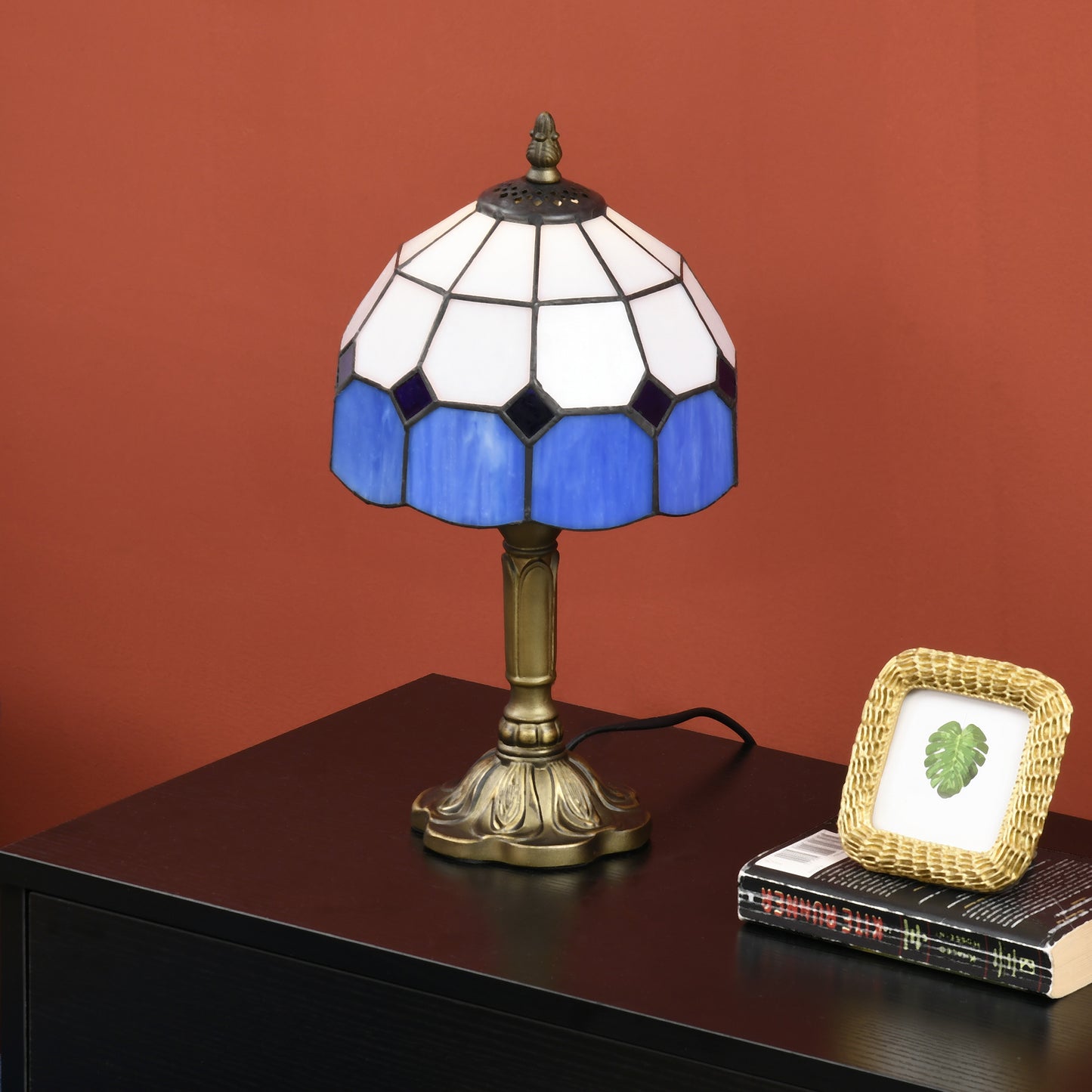 Lonema Glass And Metal White And Blue Art Deco Style Table Lamp