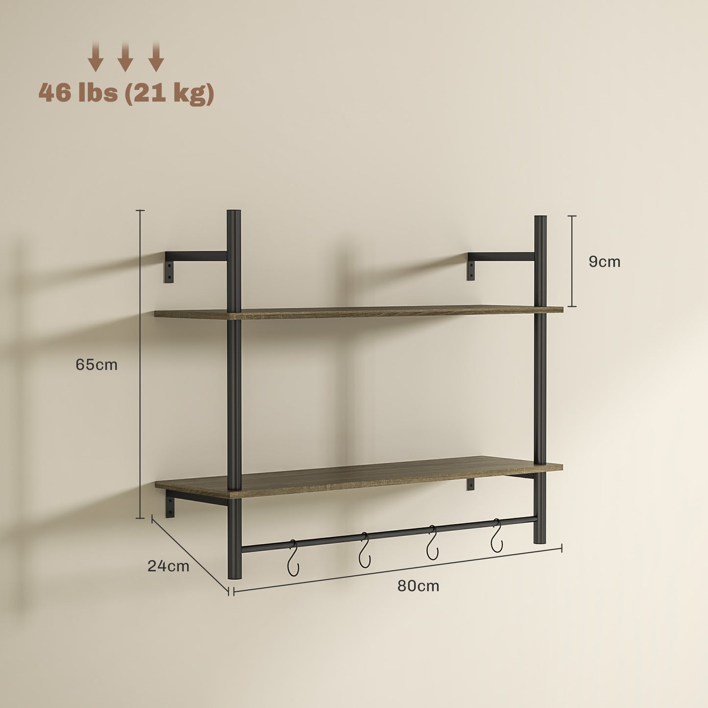 Vimoso Wood Grey Wall Mounted Floating Shelves With 4 Hooks For Entryway And Living Space