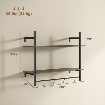 Vimoso Wood Grey Wall Mounted Floating Shelves With 4 Hooks For Entryway And Living Space