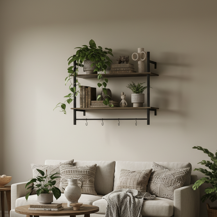 Vimoso Wood Grey Wall Mounted Floating Shelves With 4 Hooks For Entryway And Living Space