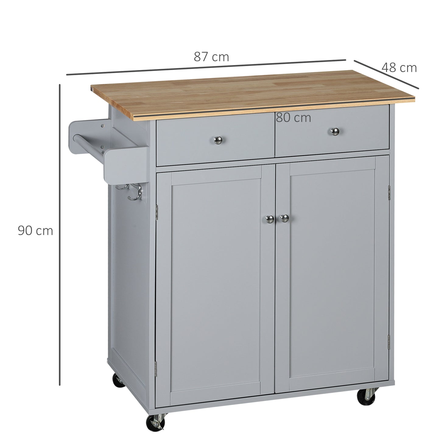 Mobani Natural Top Grey Wood Rolling Kitchen Island With Drawers Towel Rack And Hooks