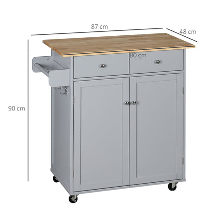 Mobani Natural Top Grey Wood Rolling Kitchen Island With Drawers Towel Rack And Hooks