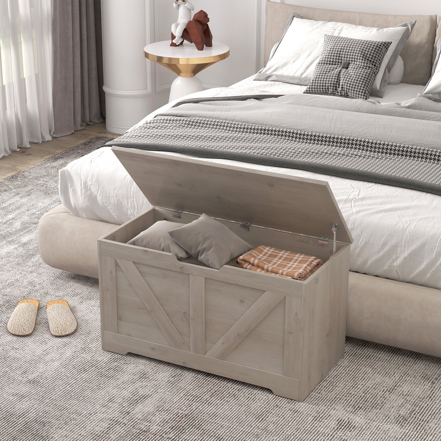 Kamari Grey Wood Farmhouse Storage Chest Safety Hinges 100 Litre