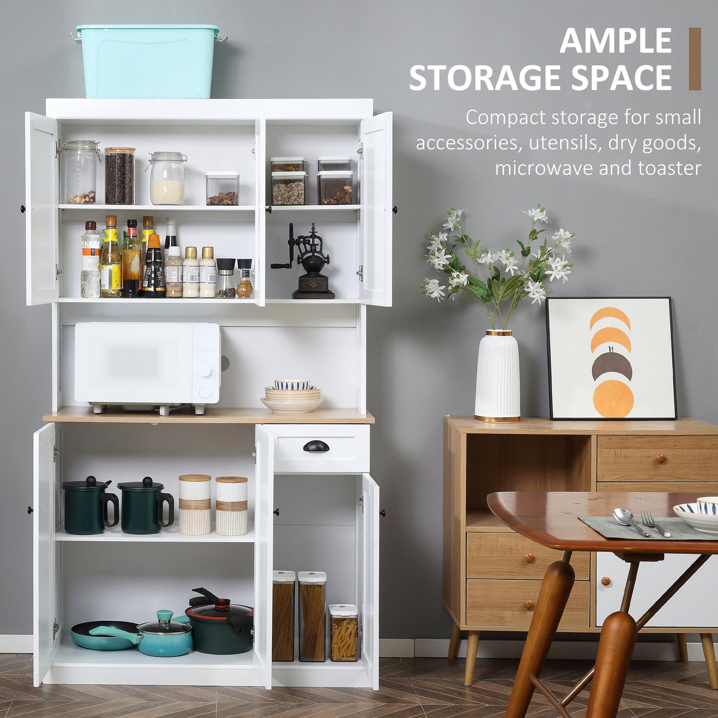 Moviel 180cm Tall Wooden White Kitchen Storage Cabinet With Open Counter Drawers And 6 Doors