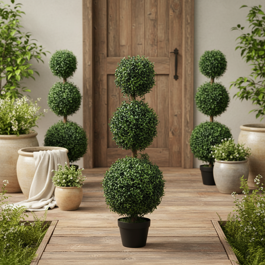 Rafile Set Of 2 Artificial Boxwood Topiary Trees With Triple Ball Design H8 100cm