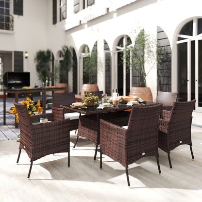 Dine Rattan Brown 6 Seater Outdoor Dining Set With Cushioned Armchairs And Rectangular Glass Table