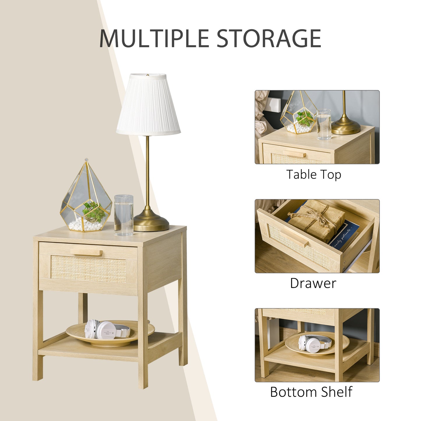 Tafa Natural Wood Bedside Table With Rattan Drawer And Open Storage Shelf