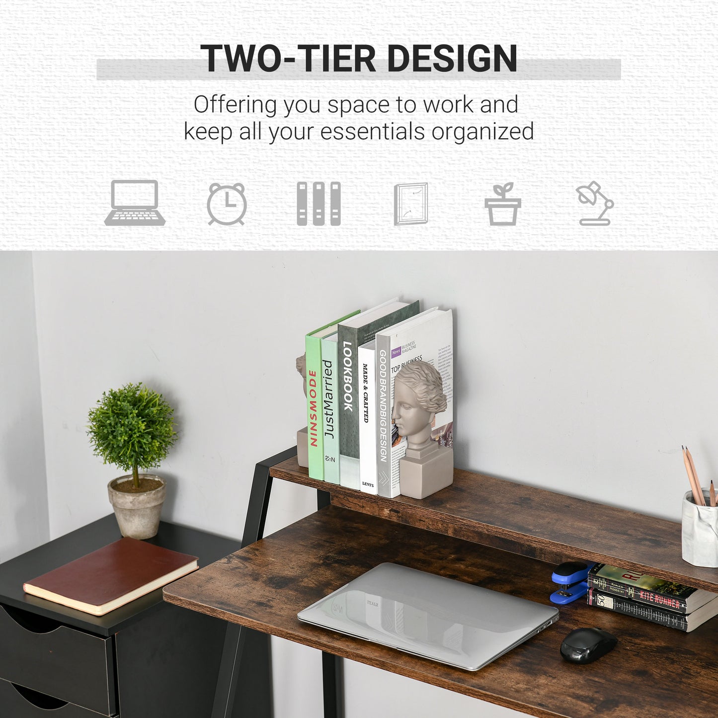 Lune 100cm Rustic Brown Compact Writing Desk With Integrated Storage Shelves