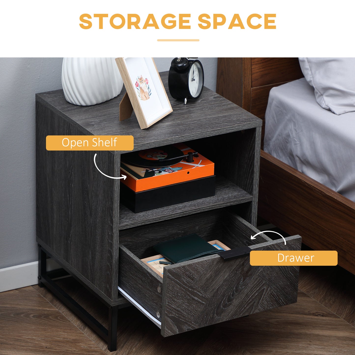 Halapa Set Of 2 Dark Grey Wood Bedside Tables With Drawer And Top Shelf