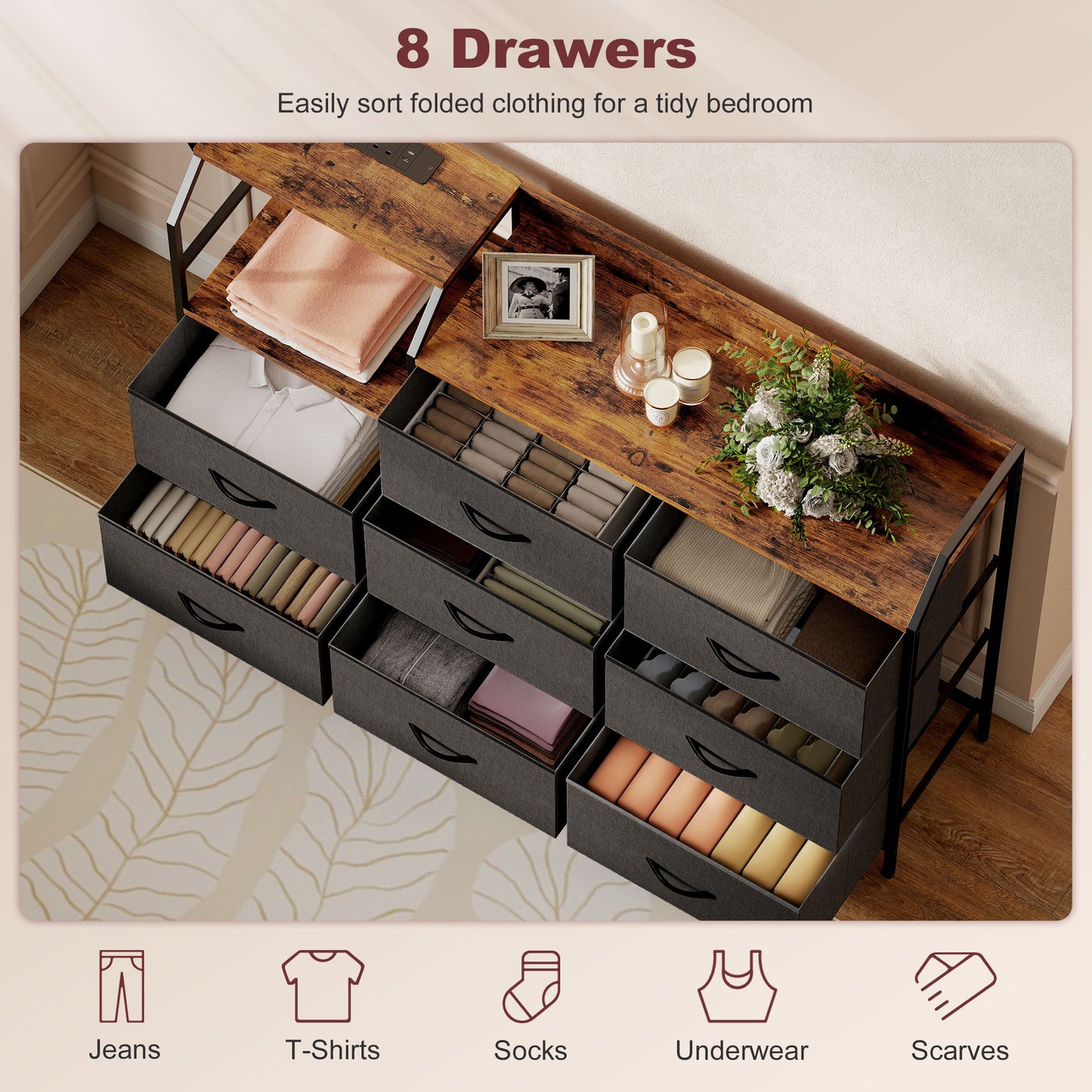 Comke Metal And Wood Brown And Black 8 Drawer Storage Chest With Integrated Charging Station
