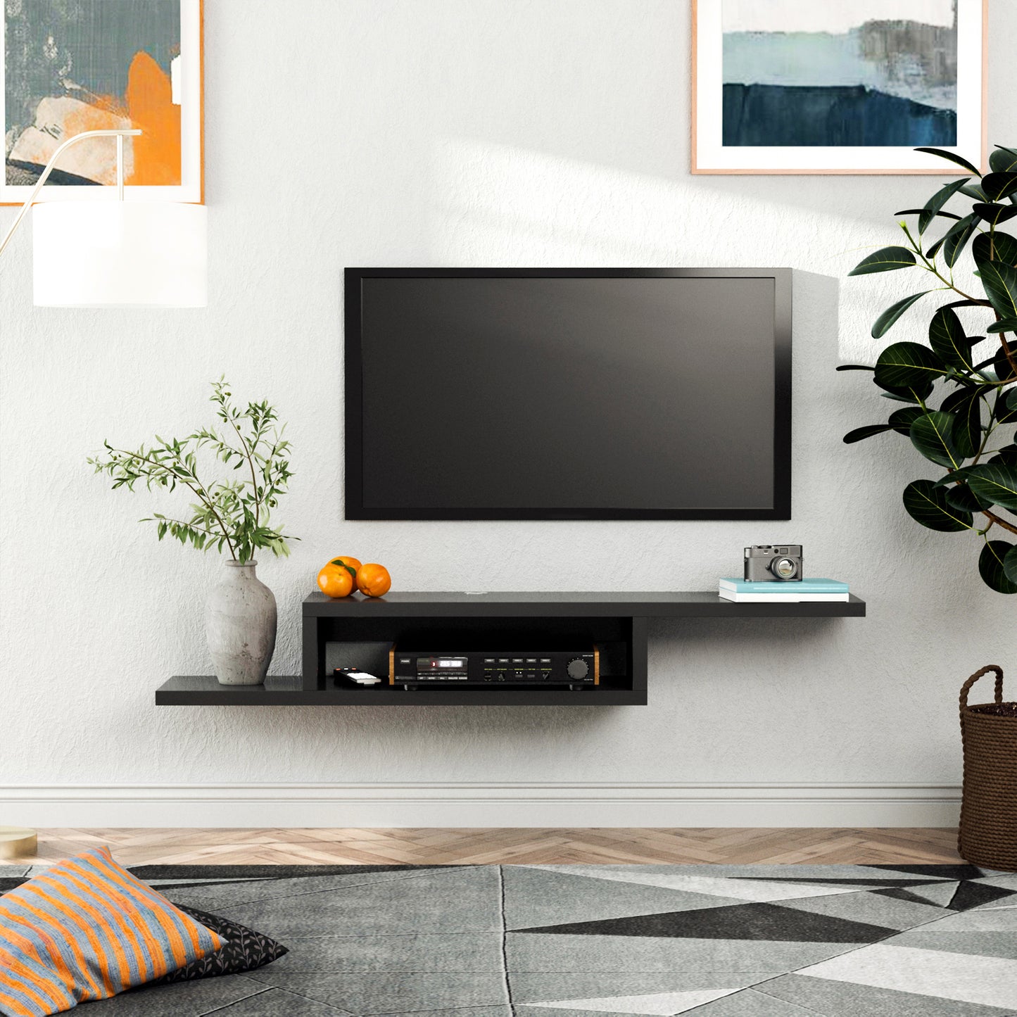 Mika Mael 152cm Wooden Black Wall Mounted Floating TV Unit With Open Shelving And Cable Ports