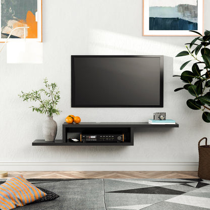 Mika Mael 152cm Wooden Black Wall Mounted Floating TV Unit With Open Shelving And Cable Ports