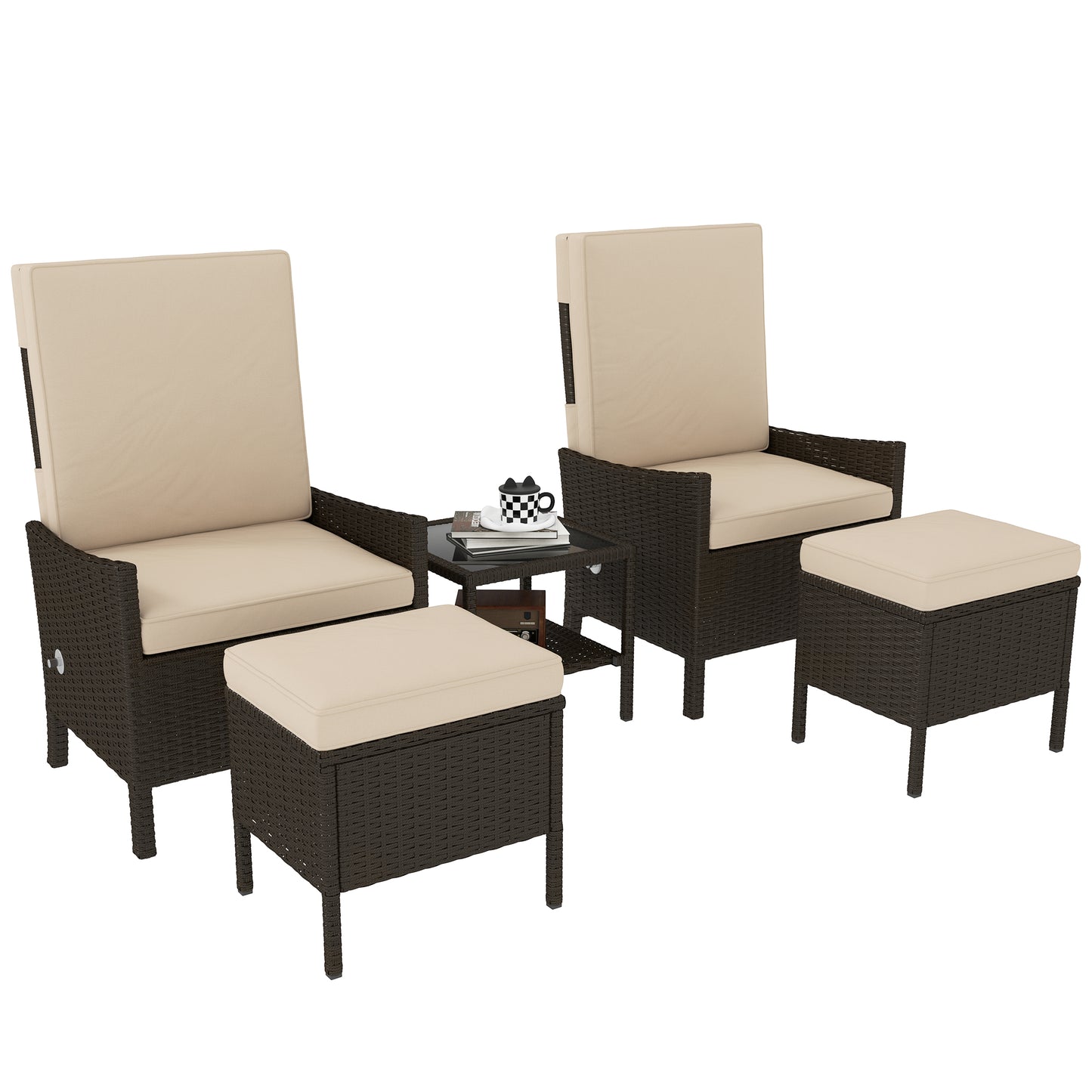 Hacore Dark Brown Rattan 5 Piece Garden Bistro Set With Footstols and Glass Table
