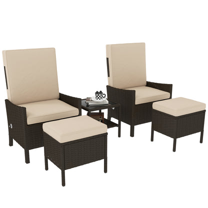 Hacore Dark Brown Rattan 5 Piece Garden Bistro Set With Footstols and Glass Table