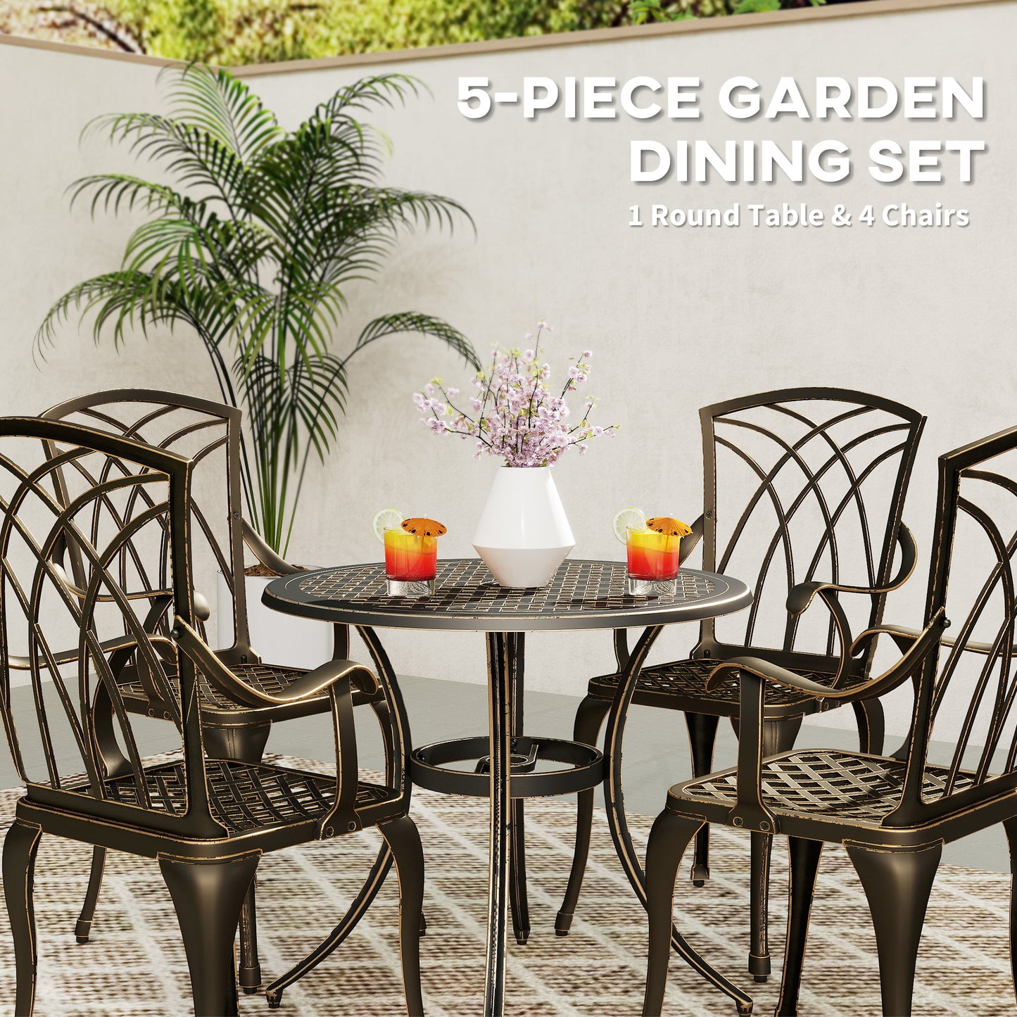 Sake 4 Seater Garden Dining Set Bronze Cast Aluminium Round Table with Parasol Hole