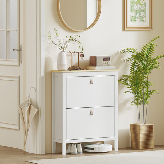 Rimi Wooden White and Natural 2 Drawer Shoe Cabinet Faux Leather Handles