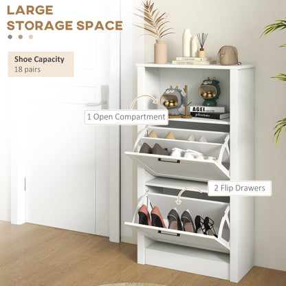 Lisavi Wooden White Slim Shoe Cabinet With 2 Flip Drawers and Shelf
