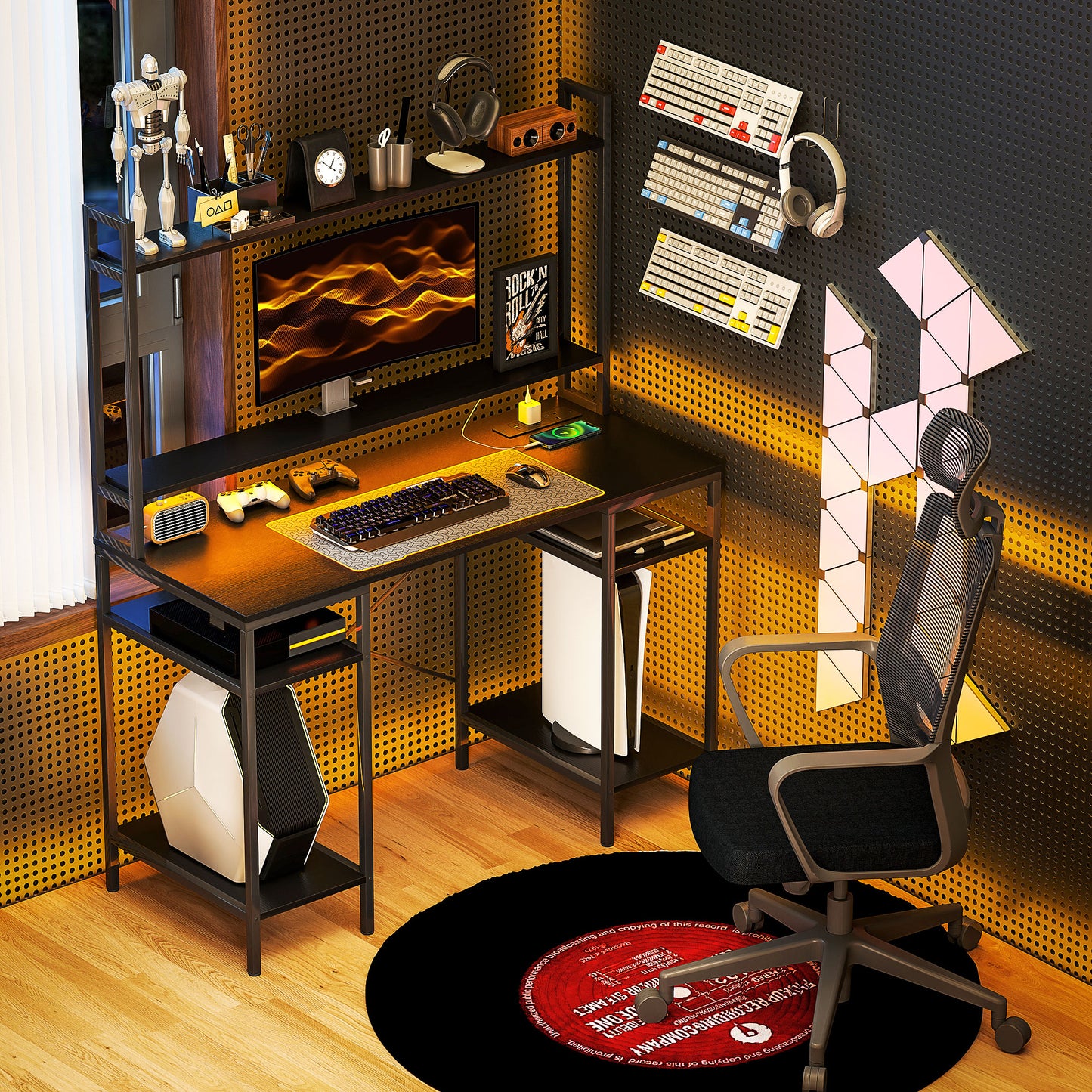 Difato 120cm Black Gaming Desk With Power Outlets LED Lighting Monitor Stand And Shelving Hutch