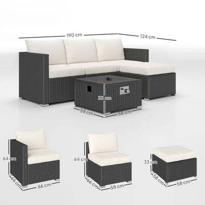 Misa Rattan Black And Cream 5 Piece Garden Furniture Set With Gas Fire Pit Table And Footstool