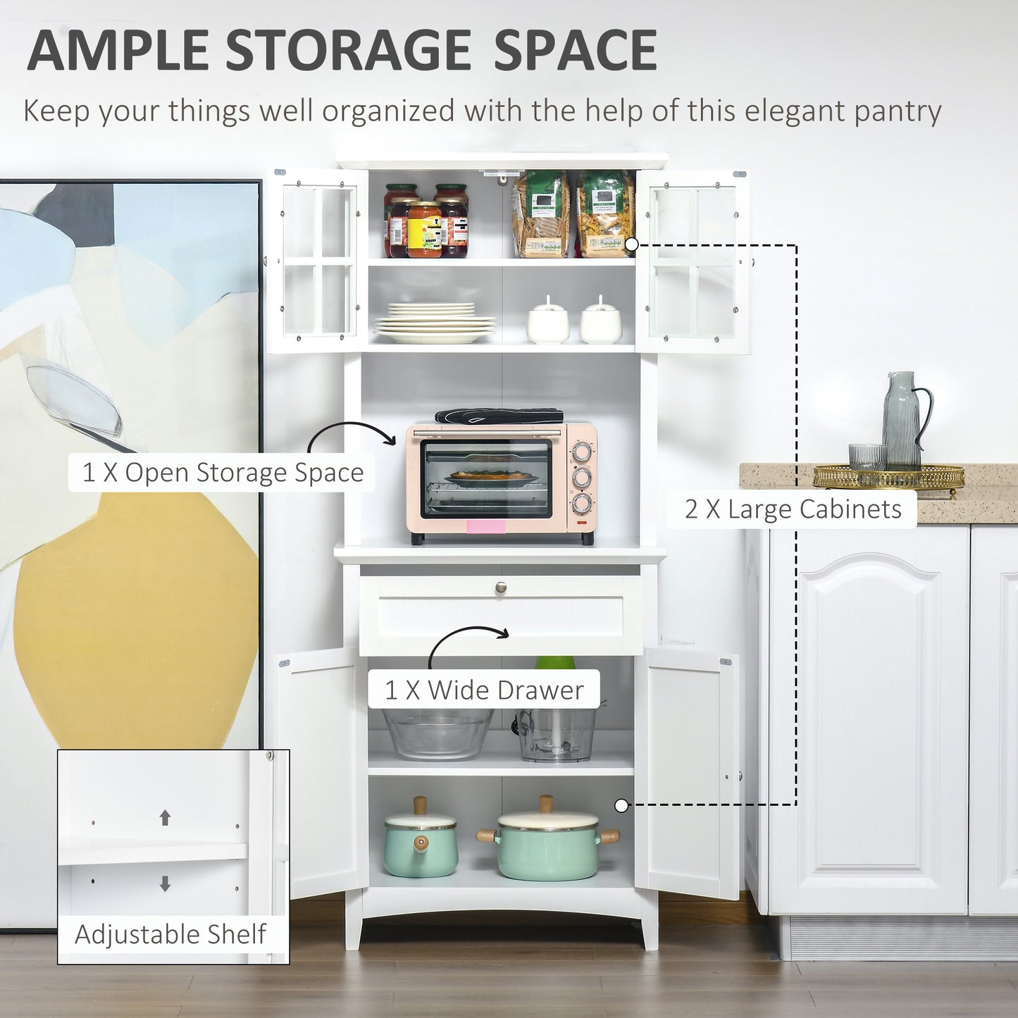Banira Wooden White Kitchen Cupboard With Framed Glass Door Drawer And Microwave Shelf