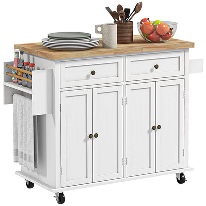 Viratto Natural and White Wooden Rolling Kitchen Island With Drawers And Storage