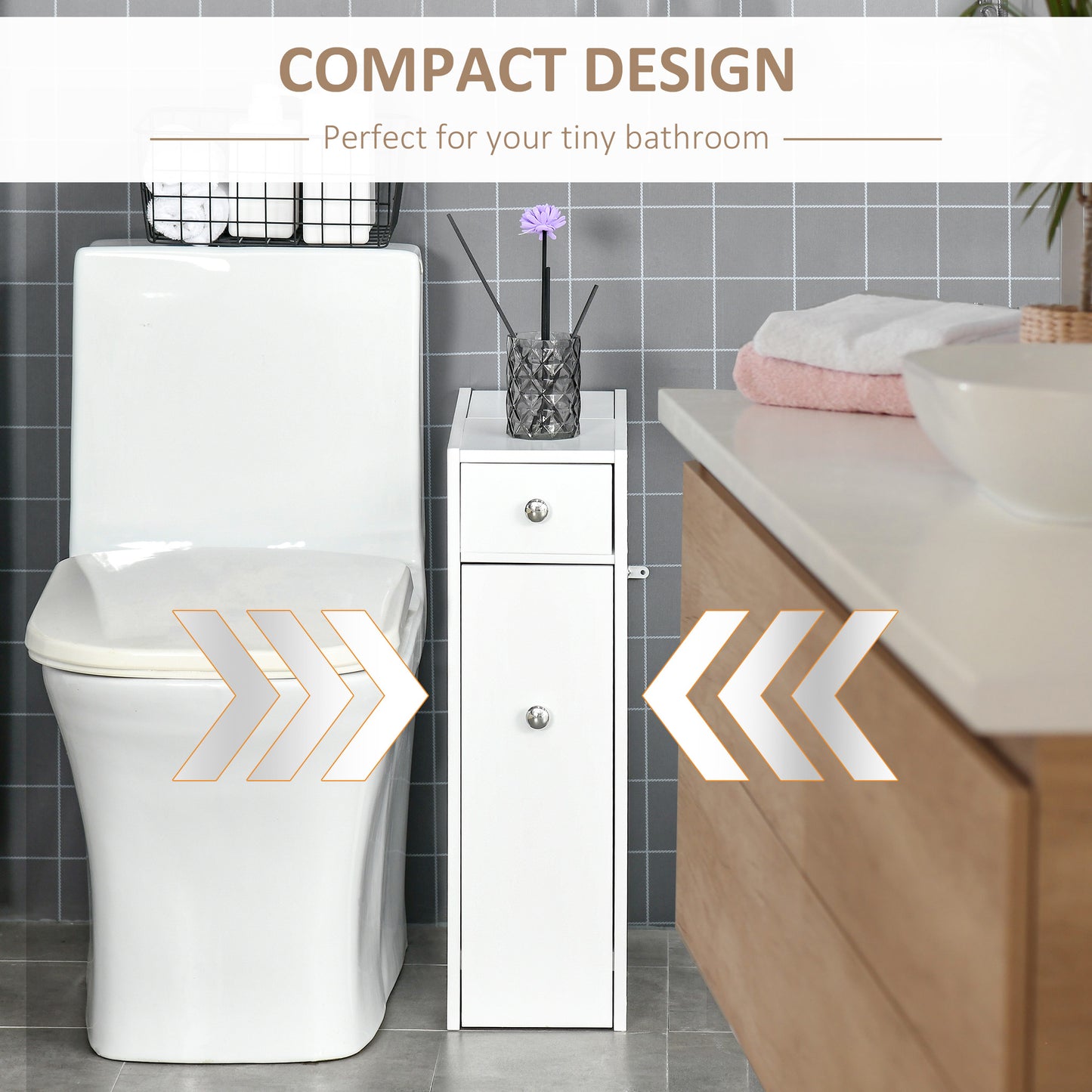 Ninemi Narrow Bathroom Floor Storage Cabinet With Drawers In White