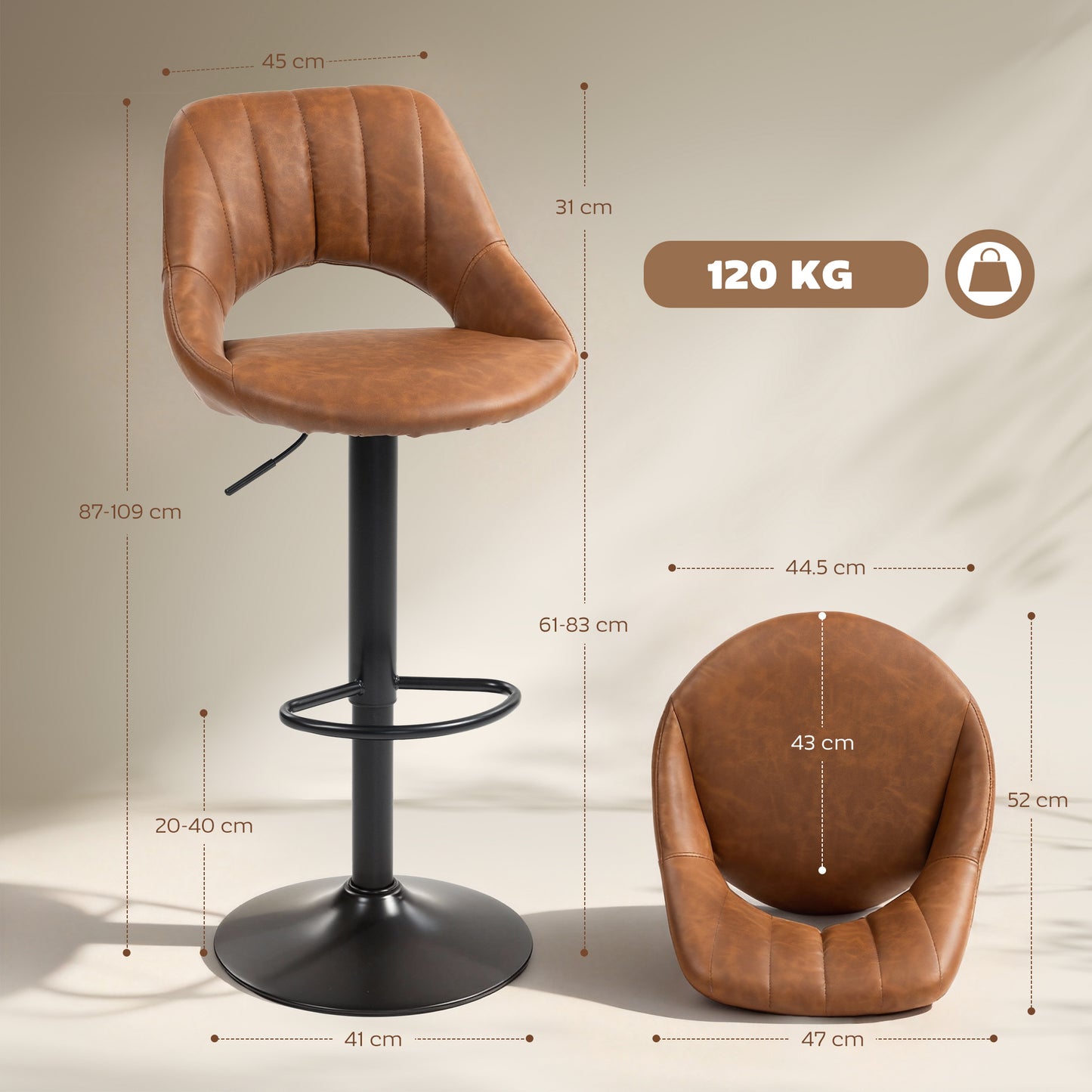 Palosa Set Of 2 Brown Faux Leather Swivel Bar Chairs With Backrest And Footrest