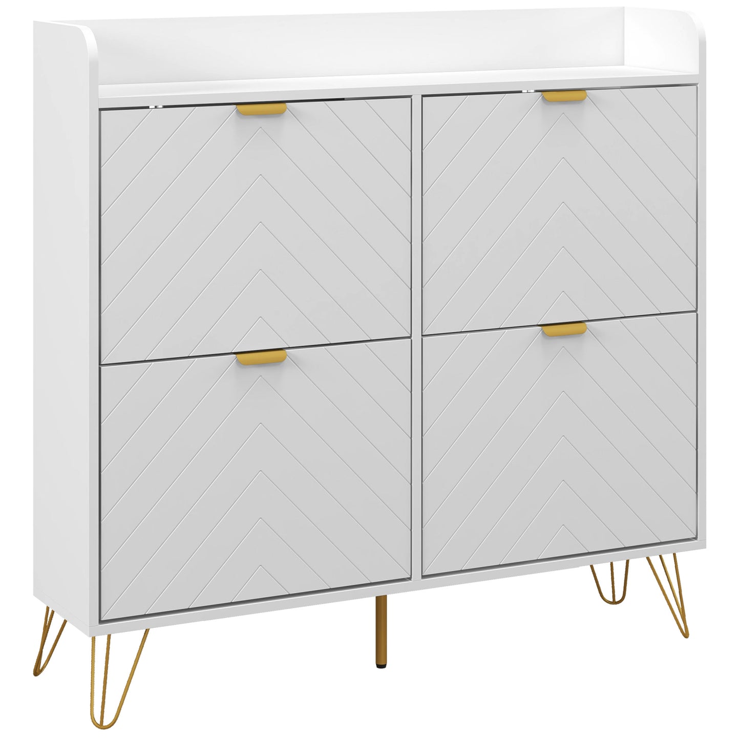 Zikase Wooden White Chevron Slim Shoe Cabinet With 4 Flip Drawers For 16 Pairs