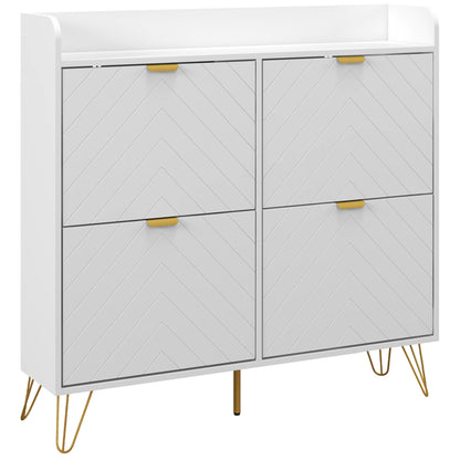 Zikase Wooden White Chevron Slim Shoe Cabinet With 4 Flip Drawers For 16 Pairs
