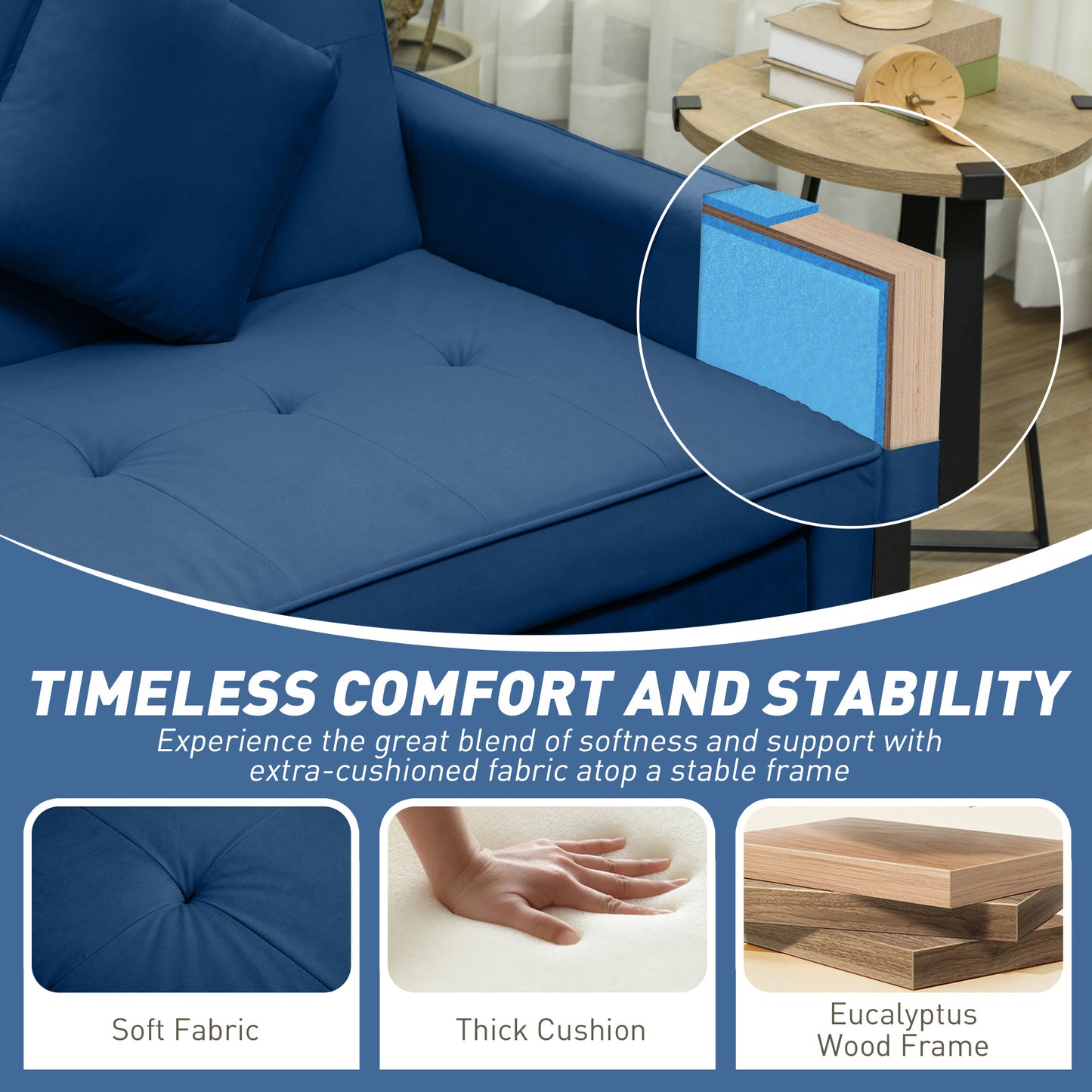 Sarova Difa Blue Fabric 3 Seater Convertible Sofa Bed