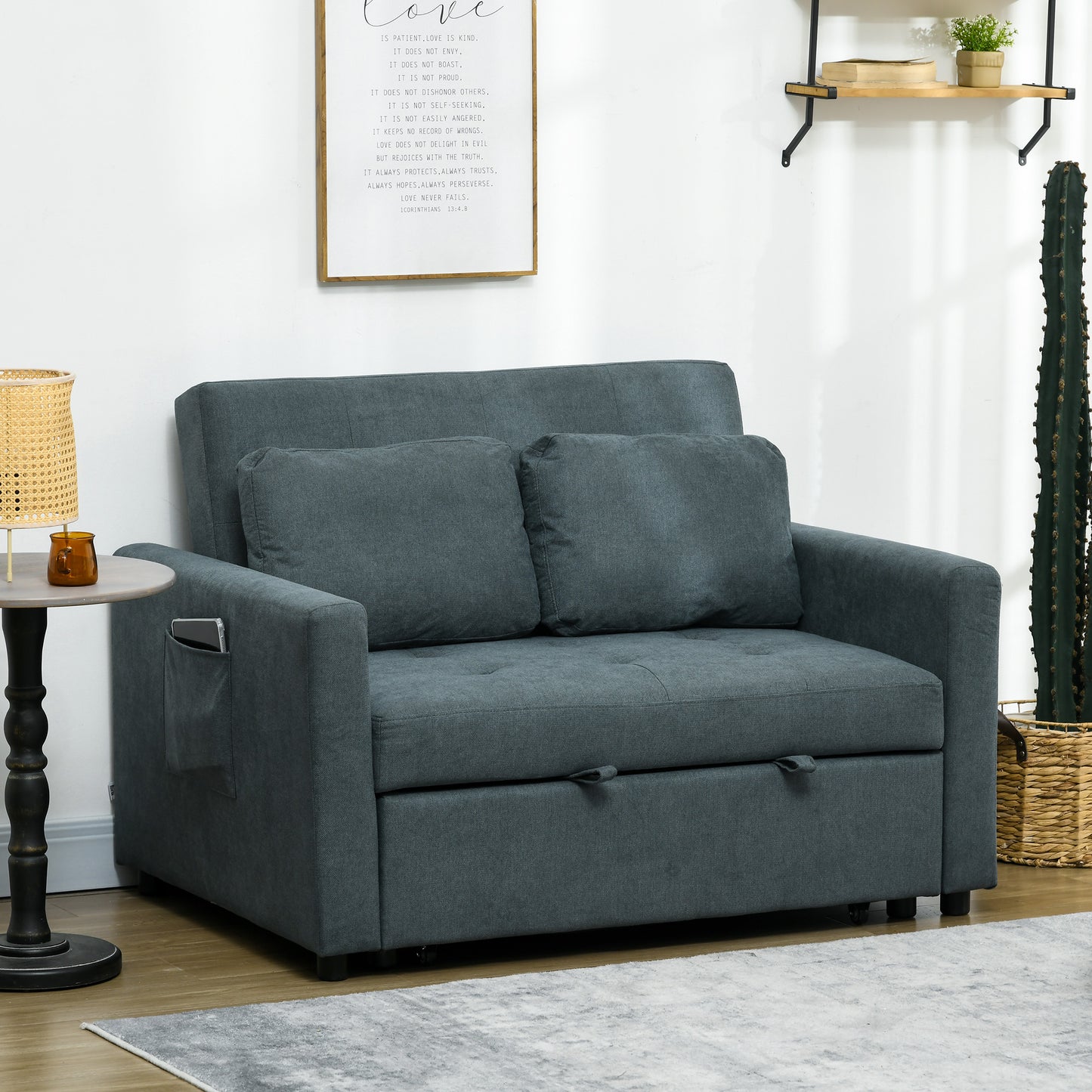 Matano Maso Charcoal Grey 2 Seater Sofa Bed With Side Pockets And Cushions