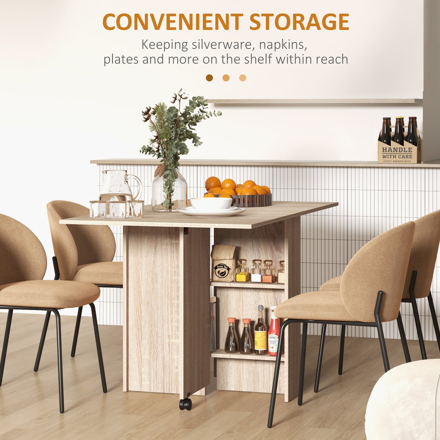 Vasufa Wooden Natural Ex10dable Drop Leaf Dining Table Seating 4 To 6 With Shelves And Wheels