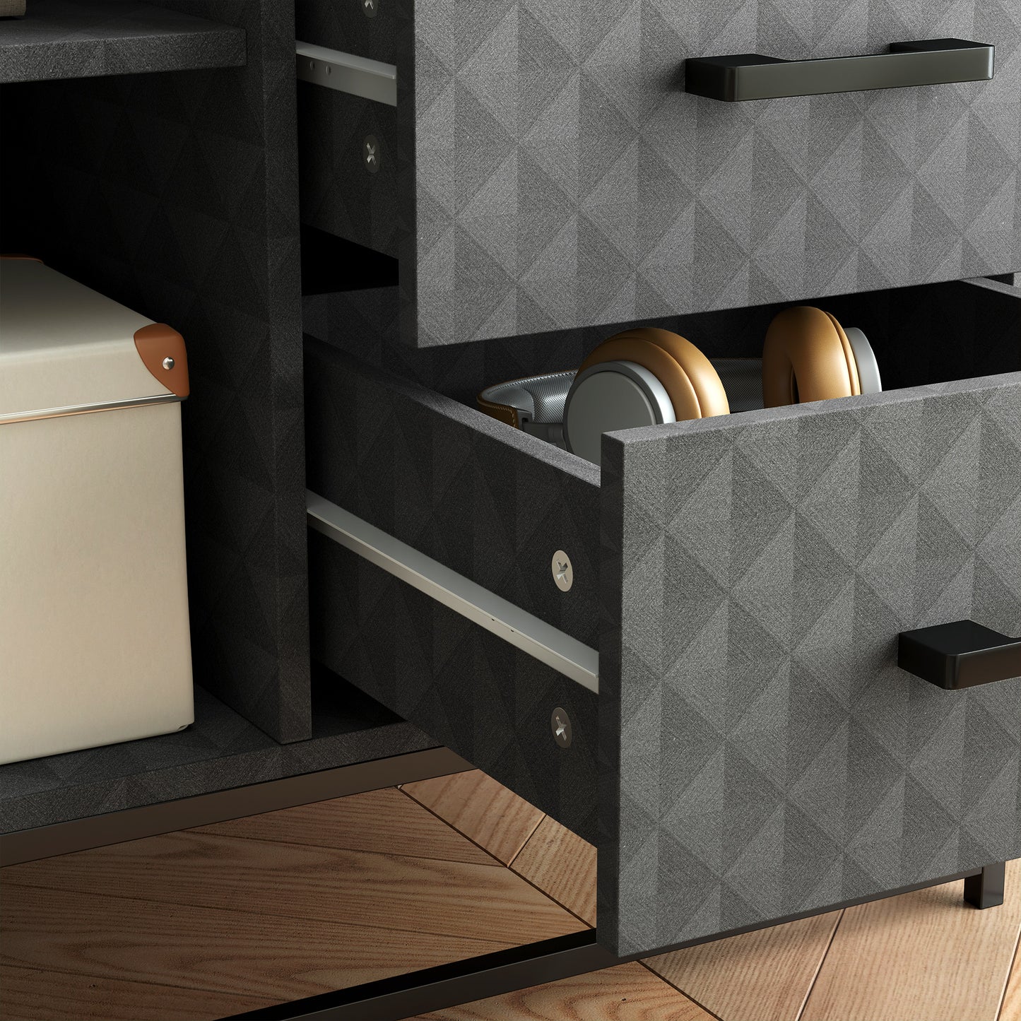 Harofi Grey Retro Sideboard With Openn Compartment 2 Drawers 1 Door