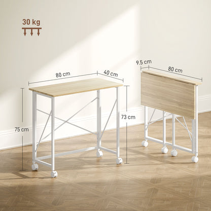 Yokare 80cm Wooden Natural and White Folding Desk On Wheels