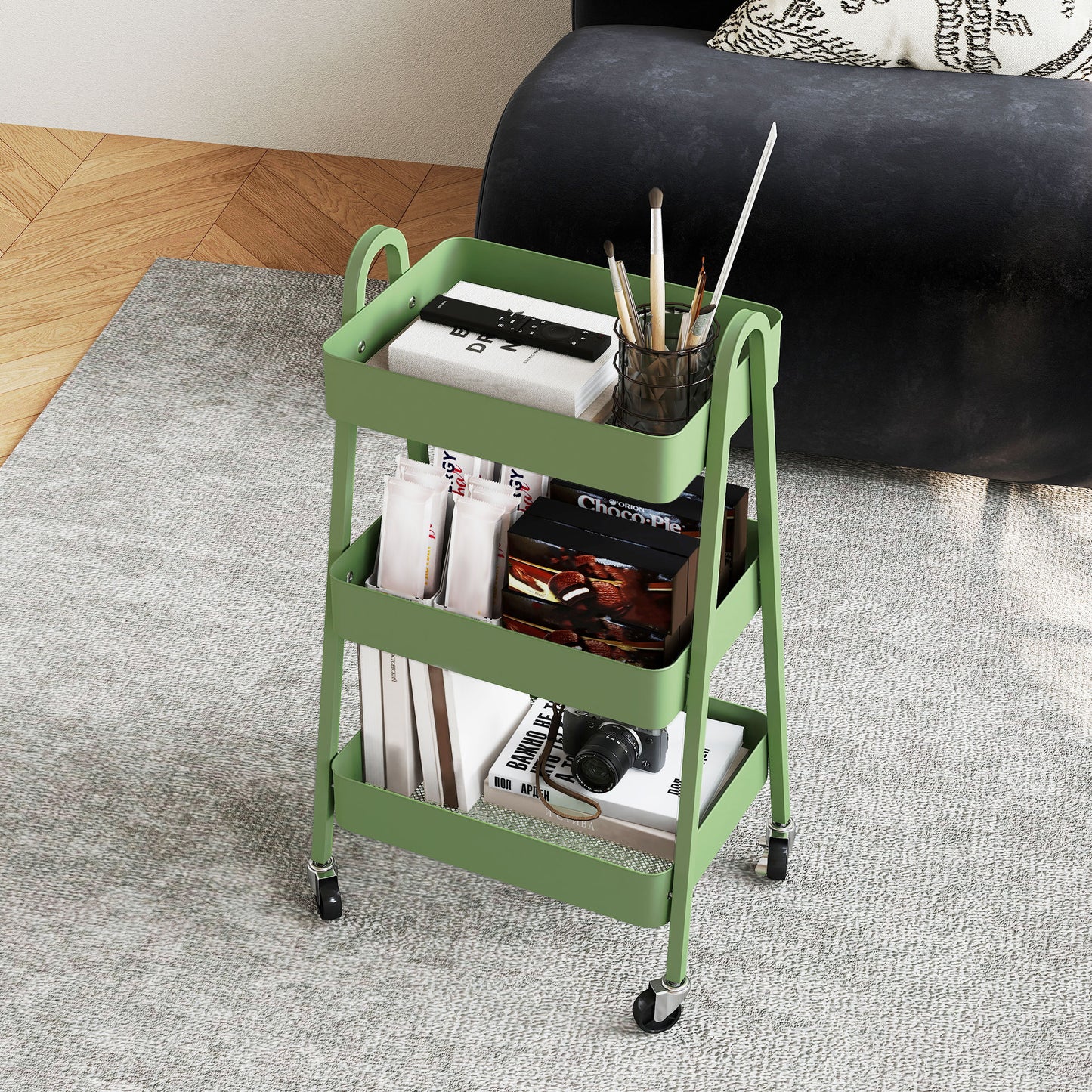 Leroco Metal Green 3 Tier Storage Trolley With Wheels