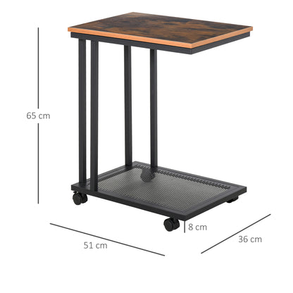 Fane  Set Of 2 Metal And Wooden Rustic Brown Mobile Side Tables With Shelf C Shaped