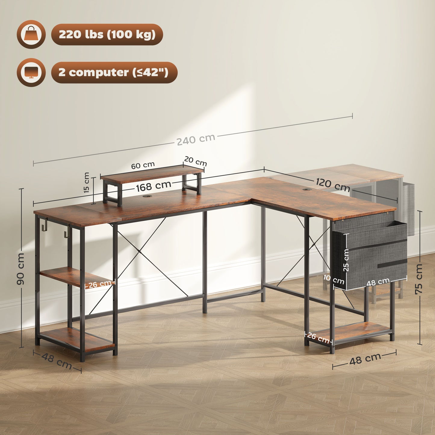 Lesano 168cm Rustic Brow Reversible Industrial L Shaped Desk With Adjustable Shelves And Monitor Stand