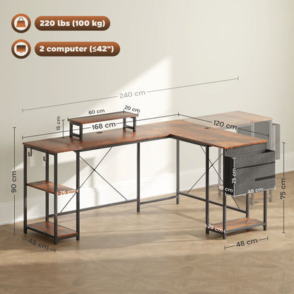 Lesano 168cm Rustic Brow Reversible Industrial L Shaped Desk With Adjustable Shelves And Monitor Stand