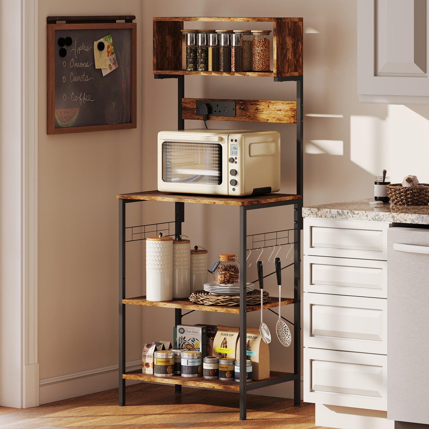 Raco Kale Wooden Rustic Brown Bakers Rack With Power Outlet USB Charging And Adjustable Shelves