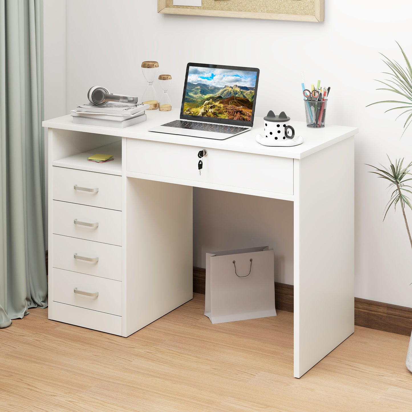 Fizita 110cm White Home Office Desk With 5 Storage Drawers