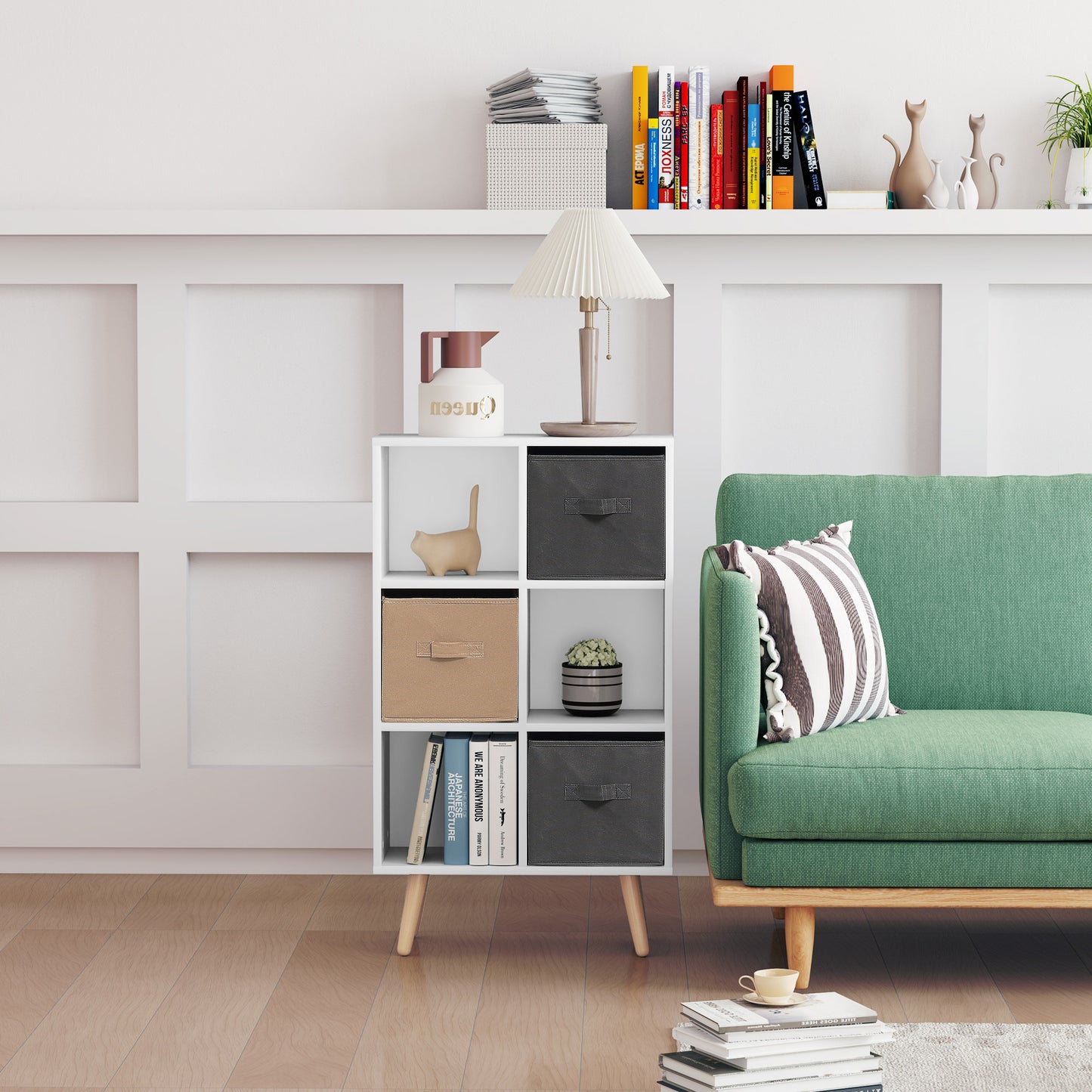 Nadiro Wooden White 6 Cube Storage Unit With 3 Fabric Drawers And OFauxn Shelves