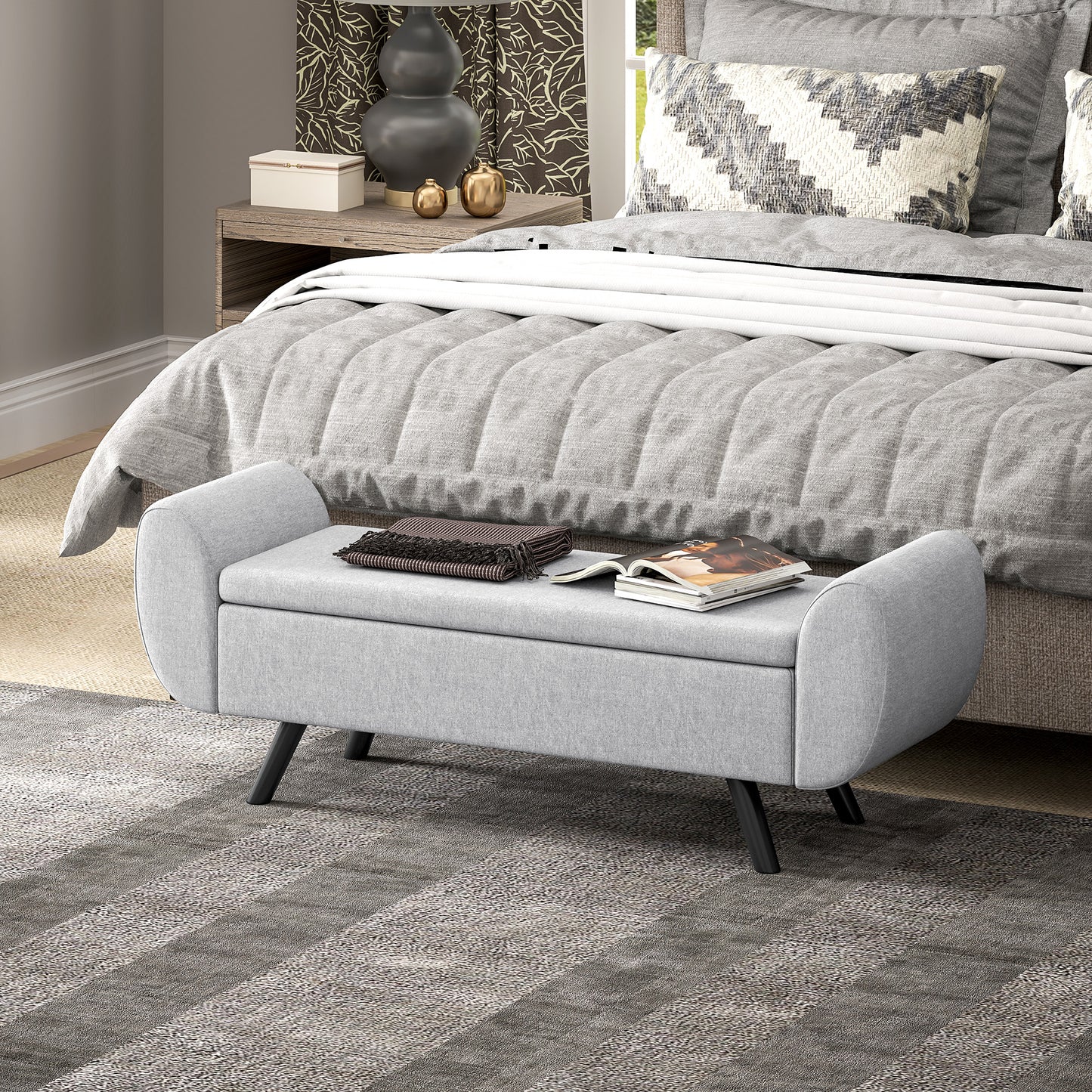 Nesama Linen Light Grey Storage Bench With Armrest