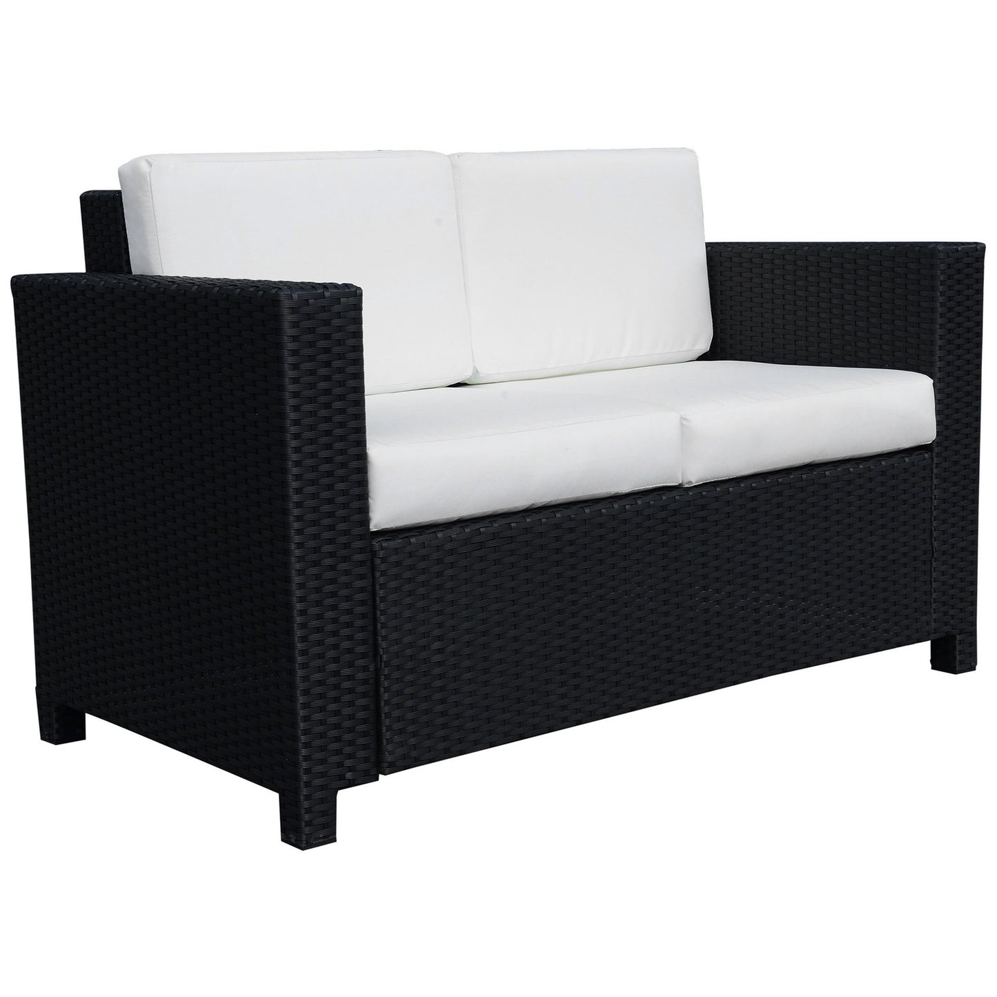 Toha Rattan Black 2 Seater Outdoor Sofa With White Cushions