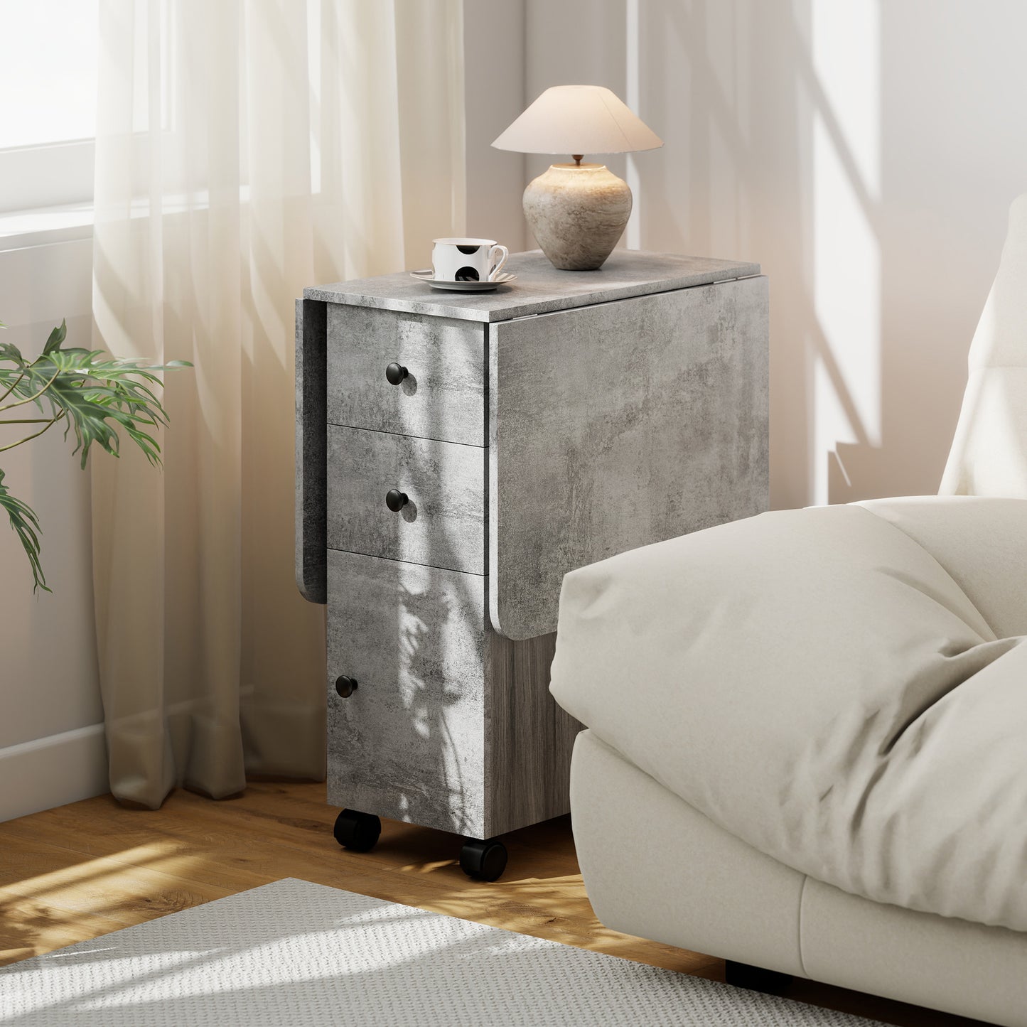 Dorette Wooden Mixed Grey Drop Leaf Dining Table With Multi Storage Design