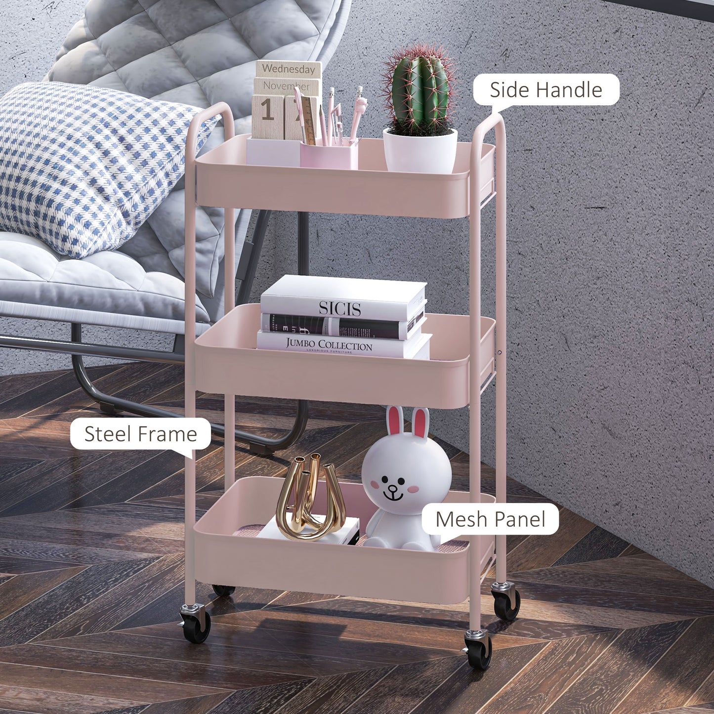 Razira Metal Pink 3 Tier Steel Storage Trolley
